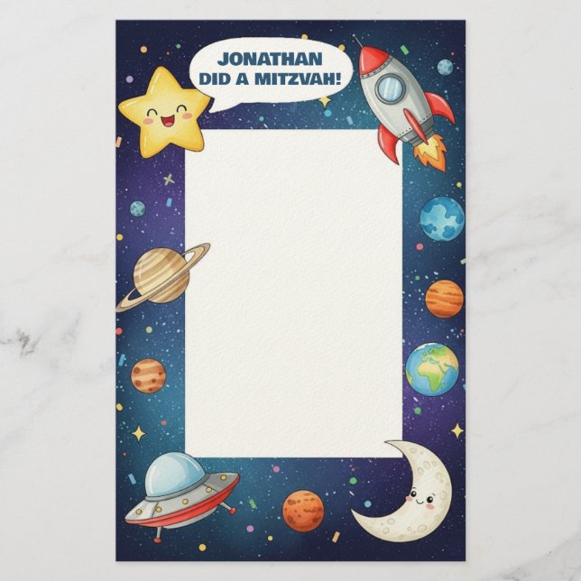 Outer Space Theme Personal Mitzvah Notes  Stationery (Front)