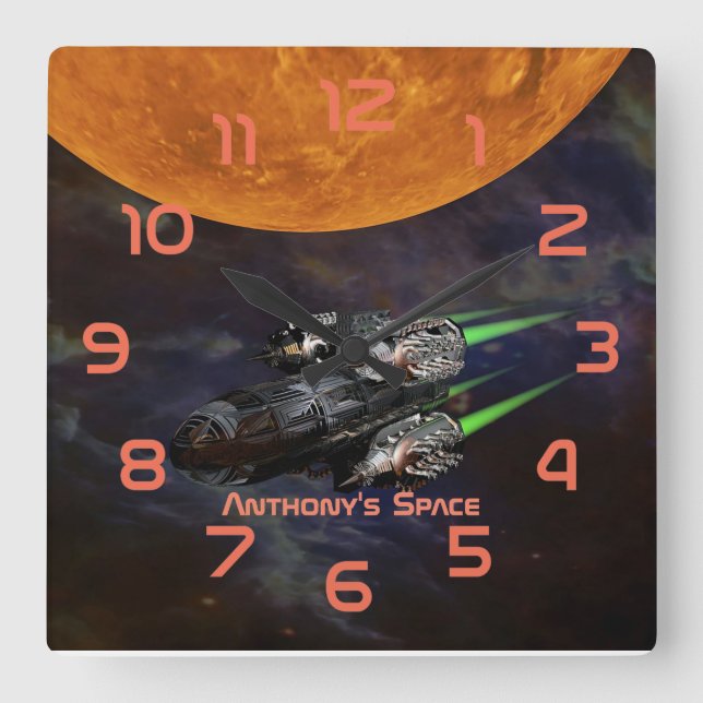 Outer Space themed Kids Room personalised Square Wall Clock (Front)