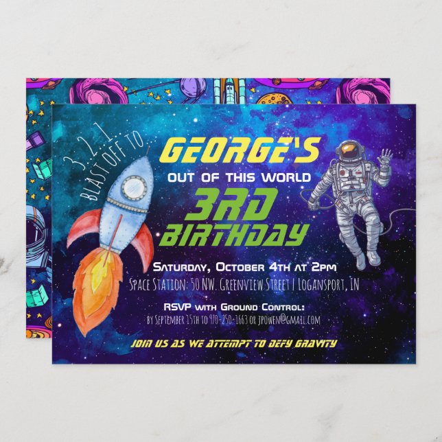 Outer Space Themed Party Invitation (Front/Back)