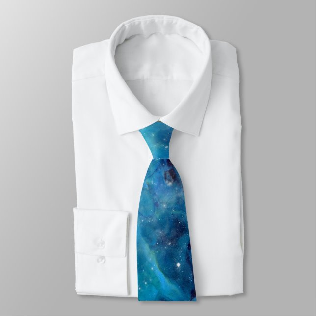 Outer Space Turquoise Blue Galactic Starry Sky Tie (Tied)
