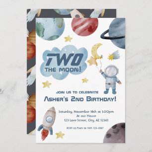 Outer Space Two the Moon 2nd Birthday Invitation