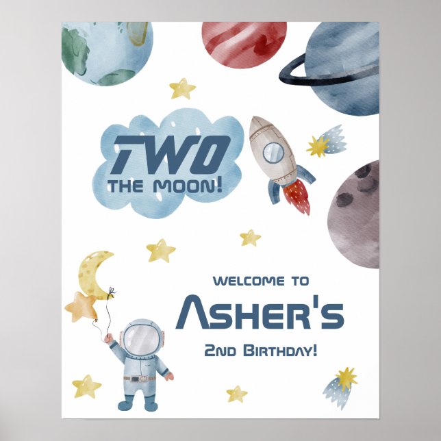 Outer Space Two the Moon 2nd Birthday Welcome Sign (Front)