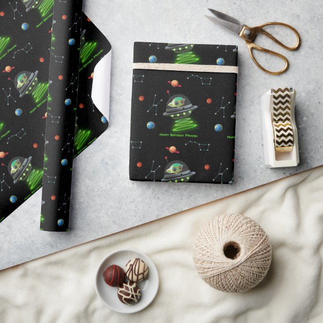 Outer Space UFO Green Alien Planets Stars Birthday Wrapping Paper (Crafts)