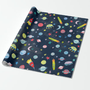 Outer Space UFO Planets Rocket Pattern Watercolor Wrapping Paper