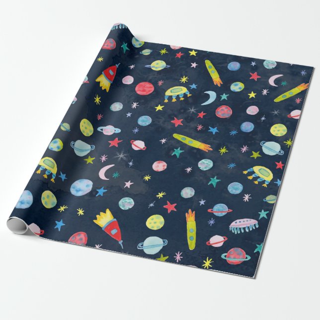 Outer Space UFO Planets Rocket Pattern Watercolor Wrapping Paper (Unrolled)