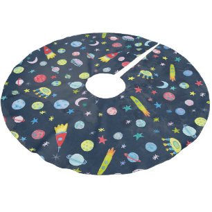Outer Space UFO Rocket Saturn Watercolor Brushed Polyester Tree Skirt