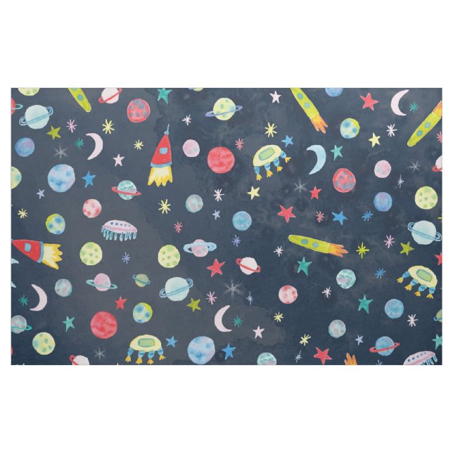 Outer Space Universe UFO Watercolor Pattern Fabric (Fat Quarter)
