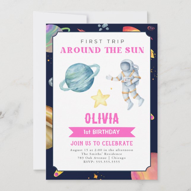Outer Space Watercolor 1st Birthday Girls Invitation (Front)