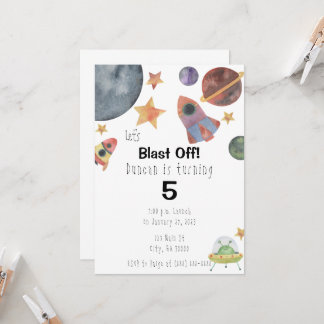 Outer Space Watercolor Birthday Invitation
