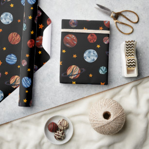 Outer Space Watercolor Planets and Stars   Wrapping Paper
