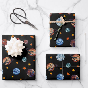 Outer Space Watercolor Planets and Stars  Wrapping Paper Sheet