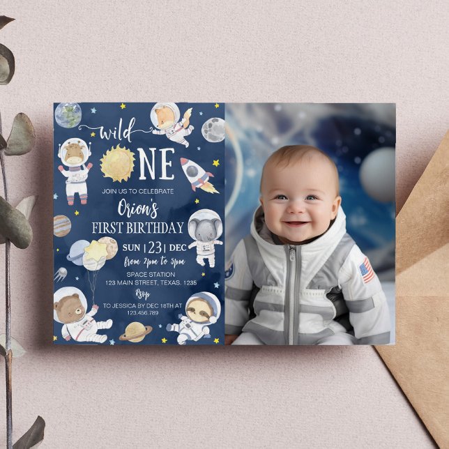 Outer Space Wild One Safari 1st Birthday Photo Invitation (Creator Uploaded)