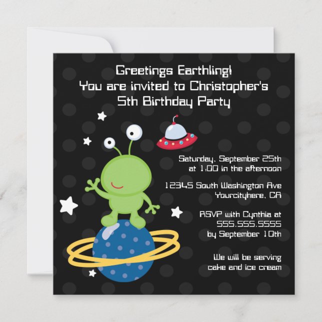 Outerspace alien boy's birthday party invitation (Front)