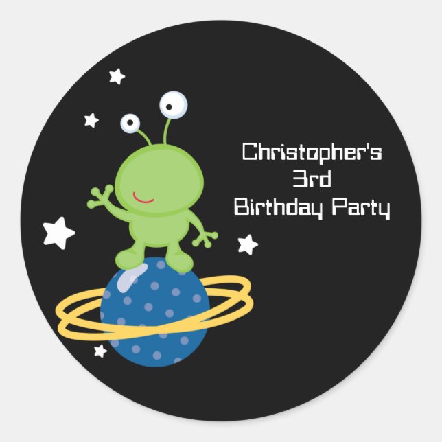 Outerspace alien boy's birthday party stickers (Front)