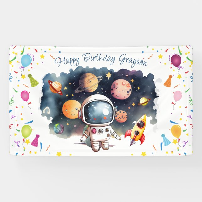Outerspace Astronaut Planets Happy Birthday Banner (Horizontal)