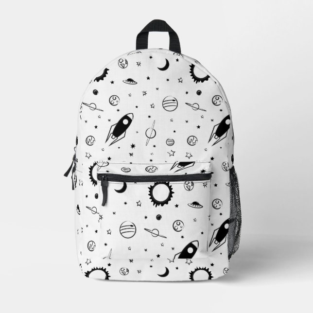 Outerspace Black and White Monochromatic Printed Backpack (Front)