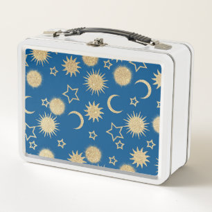 Outerspace navy blue gold glitter starry moon sun metal lunch box