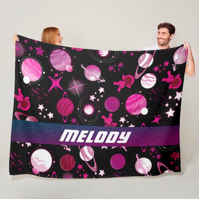 outerspace planet galaxy moon and stars pattern fleece blanket (In Situ)