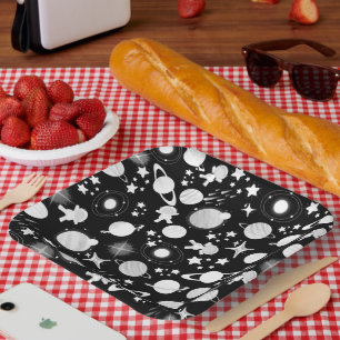 outerspace planet galaxy moon and stars pattern paper plate