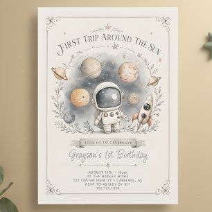 Outerspace Planets 1st Birthday Watercolor Invitation