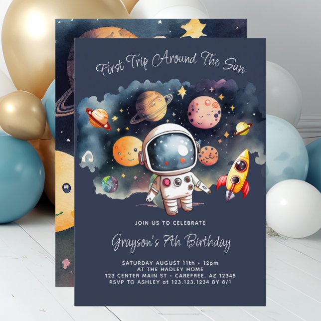 Outerspace Planets Blue 7th Birthday Invitation (Creator Uploaded)