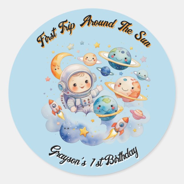 Outerspace Planets Blue First Birthday  Classic Round Sticker (Front)