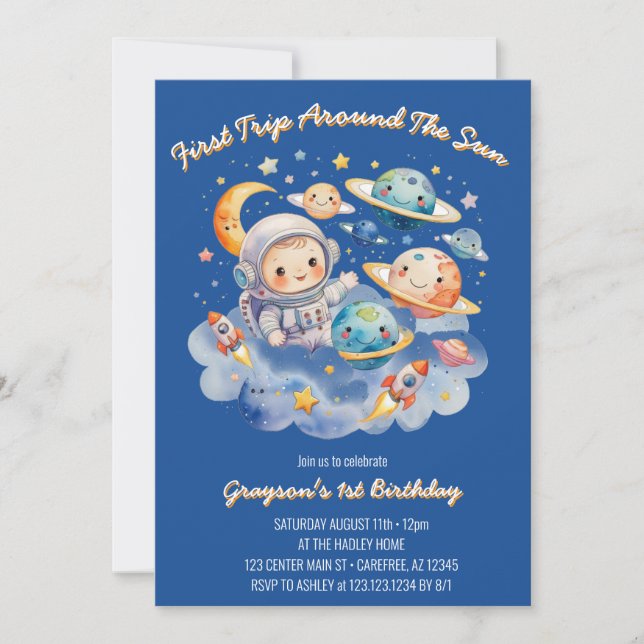 Outerspace Planets Blue First Birthday  Invitation (Front)