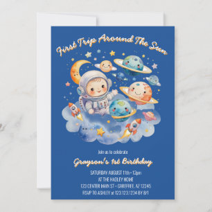 Outerspace Planets Blue First Birthday  Invitation