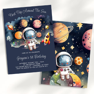 Outerspace Planets Blue First Birthday Invitation