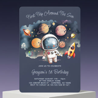 Outerspace Planets Blue First Birthday Invitation
