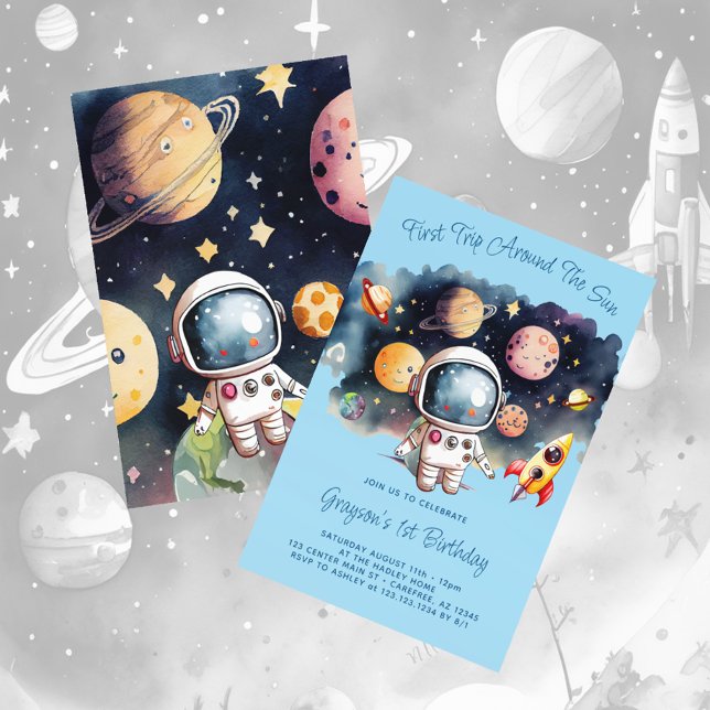 Outerspace Planets Blue First Birthday Invitation (Creator Uploaded)