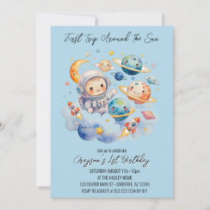 Outerspace Planets Blue First Birthday  Invitation