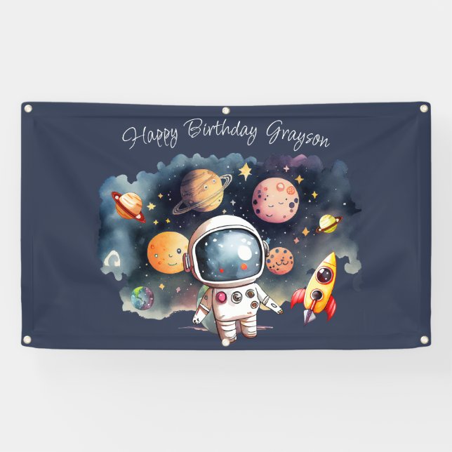 Outerspace Planets Blue Happy Birthday Banner (Horizontal)