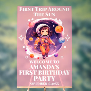 Outerspace Planets Pink Girl 1st Birthday Welcome Acrylic Sign
