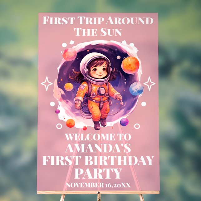 Outerspace Planets Pink Girl 1st Birthday Welcome Acrylic Sign (Neutral)