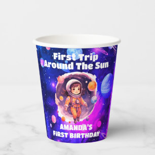 Outerspace Planets Pink Girl First Birthday Paper Cups