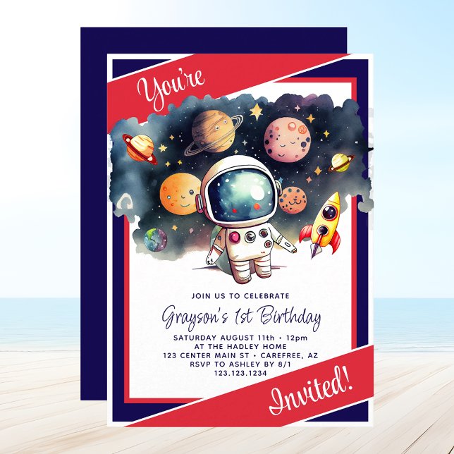 Outerspace Planets Red White Blue Birthday Invitation (Creator Uploaded)