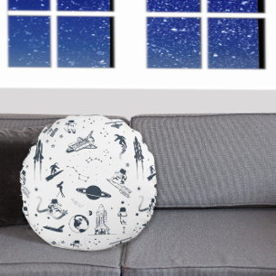Outerspace Solar System Astronaut Spaceship Fleece Round Cushion
