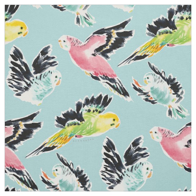 OUTFLIERS Cute Parakeet Print Aqua Fabric (Swatch)
