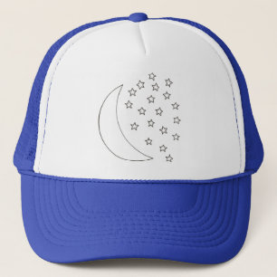 Outline art drawing, moon and stars, colour in hat