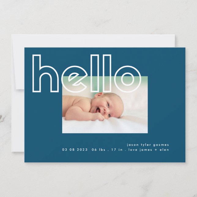 outline bold hello navy blue white modern simple announcement (Front)