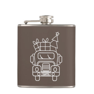 Outline Christmas truck Santa car front view Hip Flask