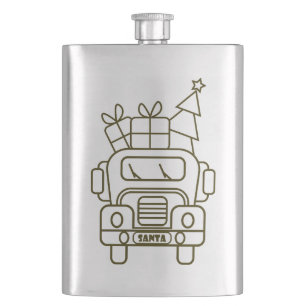 Outline Christmas truck Santa car front view Hip Flask