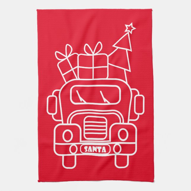 Outline Christmas truck Santa car front view Tea Towel (Vertical)