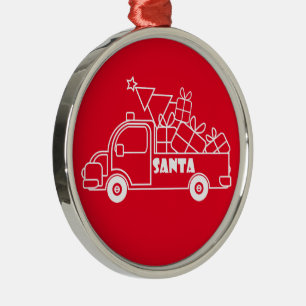 Outline Christmas truck Santa car side view Metal Ornament