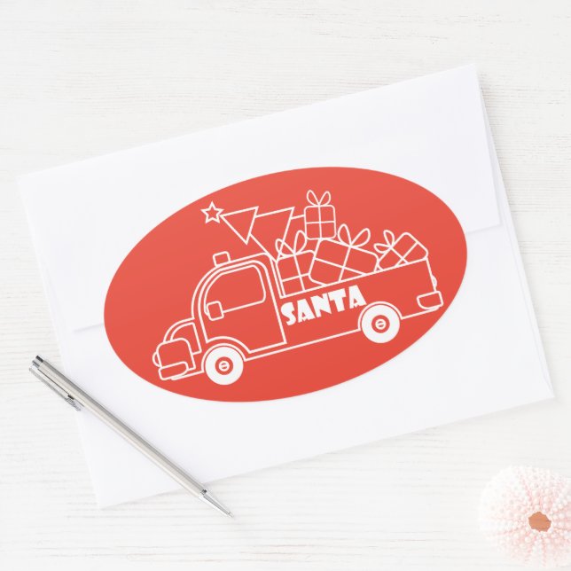 Outline Christmas truck Santa car side view Oval Sticker (Envelope)