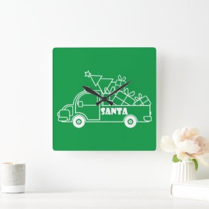 Outline Christmas truck Santa car side view Square Wall Clock