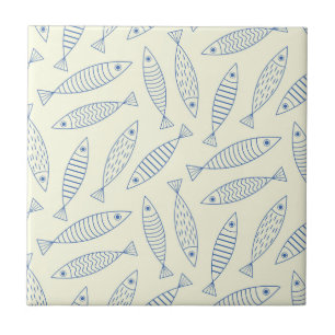 Outline Doodle Blue Sardine Fish Pattern  Ceramic Tile