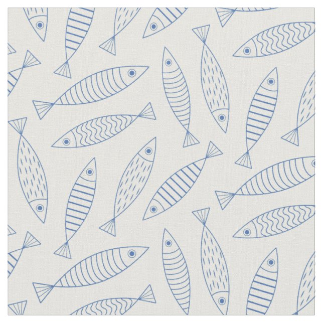 Outline Doodle Blue Sardine Fish Pattern  Fabric (Close Up)