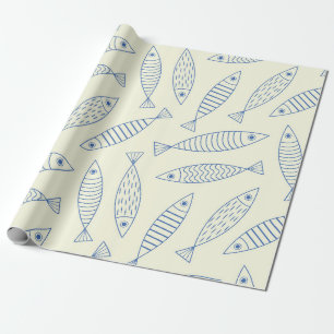 Outline Doodle Blue Sardine Fish Pattern Wrapping Paper